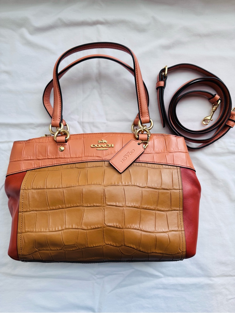 Coach Two-Tone Croc-Embossed Leather Shoulder Bag in Tan & Rust